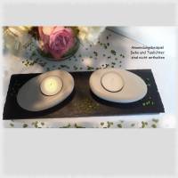 Kerzenhalter für Teelichte mit Schieferplatte 2er Set Kerzenständer Betondeko hellgrau Bild 1
