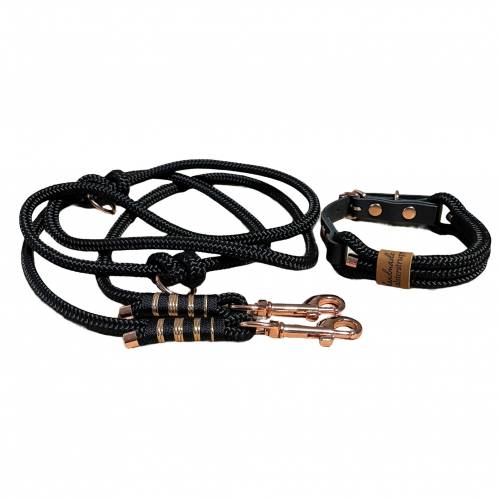 Leine Halsband Set aus Tau, verstellbar, schwarz, mit Leder und Schnalle