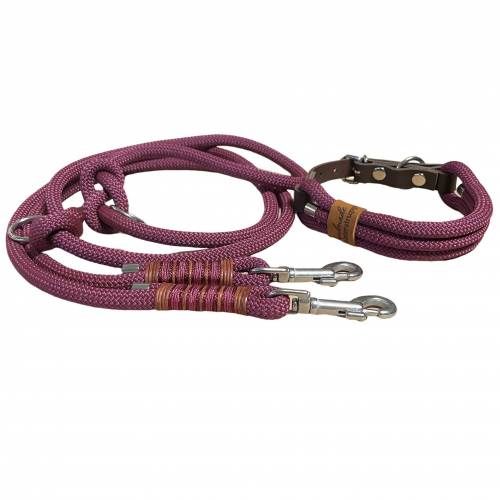 Leine Halsband Set, Tau 10 mm, verstellbar, aubergine, braun, weinrot, mit Leder und Schnalle
