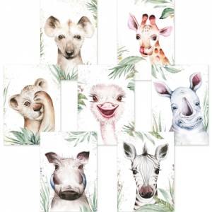 7er Poster Set mit süßen Baby Tieren Afrikas | Baby Löwe, Zebra, Giraffe und co. | DIN A4 | ohne Rahmen | CreativeRobin Bild 1