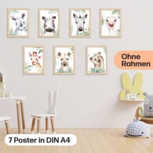 7er Poster Set mit süßen Baby Tieren Afrikas | Baby Löwe, Zebra, Giraffe und co. | DIN A4 | ohne Rahmen | CreativeRobin Bild 2