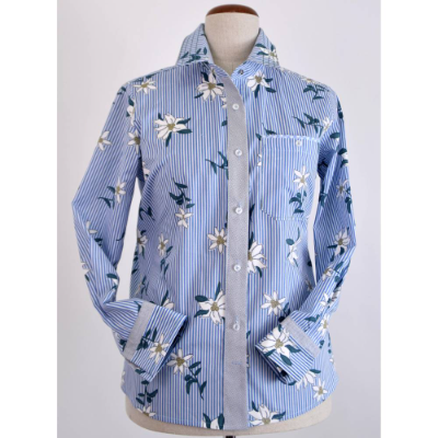 Damen Hemdbluse | Motiv Edelweiß in Blau/Weiß
