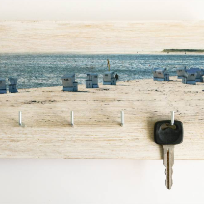 Schlüsselbrett mit 4 Haken, Sylt mit Strandkörben, Upcycling alter Holzbalken, Foto auf Holz, Eichenholz