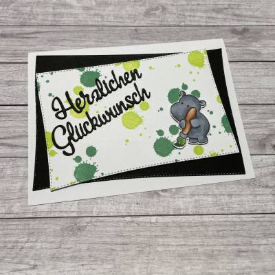 Grußkarten / Glückwunschkarten zum Geburtstag oder anderen Anlässen, Nilpferd sagt „Herzlichen Glückwunsch“, Handarbeit