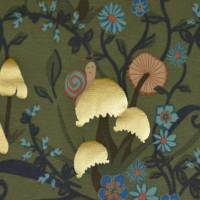 ♕ moosgrüner und ecrufarbener Jersey mit Pilzen und Schnecken Goldfolie 50 x 145 cm dehnbar Nähen ♕ Bild 3