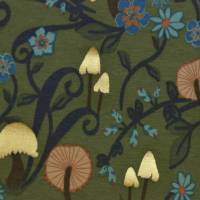 ♕ moosgrüner und ecrufarbener Jersey mit Pilzen und Schnecken Goldfolie 50 x 145 cm dehnbar Nähen ♕ Bild 4
