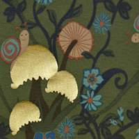 ♕ moosgrüner und ecrufarbener Jersey mit Pilzen und Schnecken Goldfolie 50 x 145 cm dehnbar Nähen ♕ Bild 5
