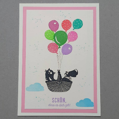 Karte, gestempelt, cremefarben, cats on appletrees, Karte mit Umschlag, Klappkarte