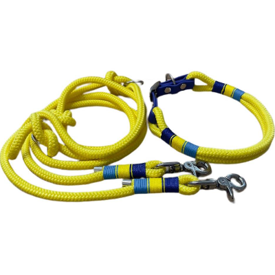 Hundeleine und Halsband Set, beides verstellbar, gelb, blau, Biothane (US-Patent) und Schnalle, 8 oder 10 mm Stärke von