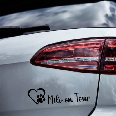 Auto Aufkleber | Name on Tour (12x3) Hund Pfote Vinylsticker personalisiert