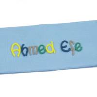 Stirnband Hellblau mit Namen für Mädchen aus Baumwolle - Ohrenschutz für Kinder mit Wunschbeschriftung - Haarband Bild 1