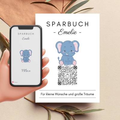 Geldgeschenk für Kinder | Digitales Sparbuch | QrCode Geschenkkarte | Elefant