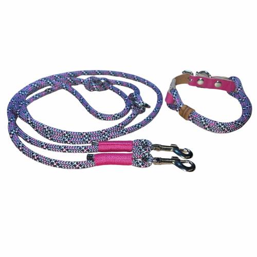 Leine Halsband Set, Tau 6, 8 oder 10 mm, verstellbar, grau, schwarz, pink, weiß, silber, mit Leder pink und Schnalle