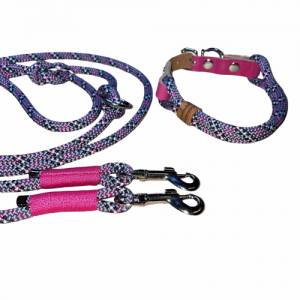 Leine Halsband Set, Tau 6, 8 oder 10 mm, verstellbar, grau, schwarz, pink, weiß, silber, mit Leder pink und Schnalle Bild 2