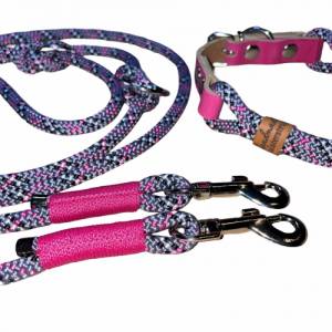 Leine Halsband Set, Tau 6, 8 oder 10 mm, verstellbar, grau, schwarz, pink, weiß, silber, mit Leder pink und Schnalle Bild 3