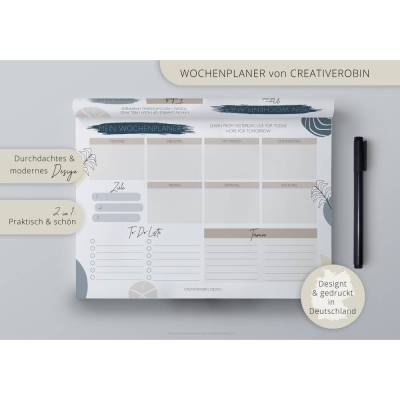 Wochenplaner Block A4 • 50 Blatt • Praktische Schreibtischunterlage aus Papier • Vorder- und Rückseite • CreativeRobin
