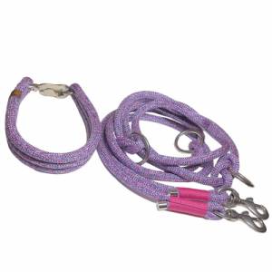 Hundeleine und Halsband Set, aus recyceltem Material rPET, verstellbare Leine, lila, pink, weiß, mit Edelstahl Karabiner Bild 1