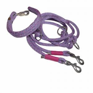 Hundeleine und Halsband Set, aus recyceltem Material rPET, verstellbare Leine, lila, pink, weiß, mit Edelstahl Karabiner Bild 2