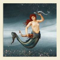 Leinwandbild Collage Meerjungfrau Nixe mit Fischen im Wasser - Mix aus Gemälde und Fotografie Vintage Großformat Bild 1
