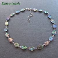 Perlmuttkette Abalone Paua Muschel Perlmutt Kette Perlen oval Regenbogen Farben Bild 5