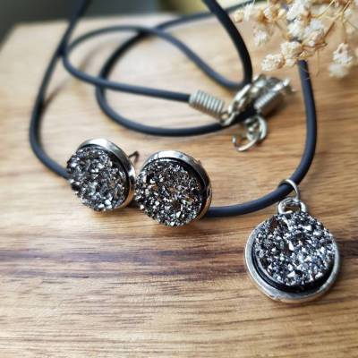 Anhänger und Ohrstecker Cabochon, Schmuckset Kette silberfarbe 