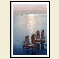 Japanische Kunst - Segelboote auf dem Meer Sonnenuntergang -  Kunstdruck Poster  -  Vintage Bild - Holzschnitt Bild 1