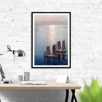 Japanische Kunst - Segelboote auf dem Meer Sonnenuntergang -  Kunstdruck Poster  -  Vintage Bild - Holzschnitt Bild 2