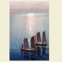 Japanische Kunst - Segelboote auf dem Meer Sonnenuntergang -  Kunstdruck Poster  -  Vintage Bild - Holzschnitt Bild 3