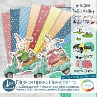 Digistampset Hasenfahrt, Digitale Papiere und Stempel für Ostern, Ostereier, Hase auf Roller, individualisierbar Bild 1