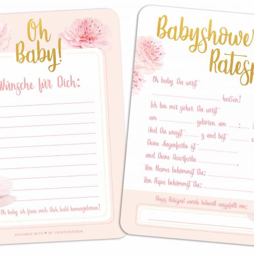 Schönes Babyparty Spiel mit Baby Quiz + Wünschen • 25 Karten für Mädchen • Ideales Babyshower Geschenk • Rosa & Gold • C