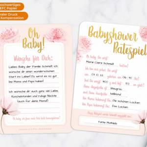 Schönes Babyparty Spiel mit Baby Quiz + Wünschen • 25 Karten für Mädchen • Ideales Babyshower Geschenk • Rosa & Gold • C Bild 2