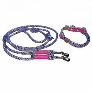 Kleine Hunde, Leine Halsband Set, Tau 6 mm, verstellbar, grau, schwarz, pink, weiß, silber, mit Leder pink und Schnalle Bild 1