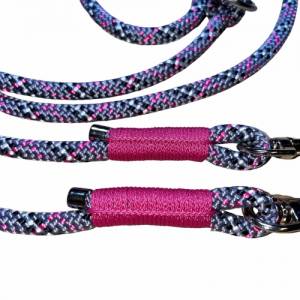 Kleine Hunde, Leine Halsband Set, Tau 6 mm, verstellbar, grau, schwarz, pink, weiß, silber, mit Leder pink und Schnalle Bild 7