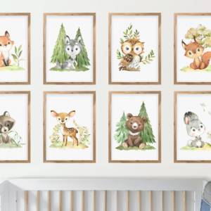 8er Poster-Set Waldtiere Kinderzimmer • Babyzimmer Deko • Reh, Fuchs, Bär etc. mit Flora • OHNE Rahmen • CreativeRobin Bild 1