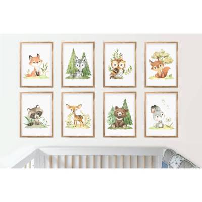 8er Poster-Set Waldtiere Kinderzimmer • Babyzimmer Deko • Reh, Fuchs, Bär etc. mit Flora • OHNE Rahmen • CreativeRobin
