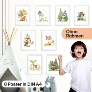 8er Poster-Set Waldtiere Kinderzimmer • Babyzimmer Deko • Reh, Fuchs, Bär etc. mit Flora • OHNE Rahmen • CreativeRobin Bild 2
