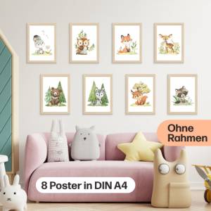 8er Poster-Set Waldtiere Kinderzimmer • Babyzimmer Deko • Reh, Fuchs, Bär etc. mit Flora • OHNE Rahmen • CreativeRobin Bild 3