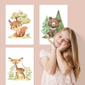 8er Poster-Set Waldtiere Kinderzimmer • Babyzimmer Deko • Reh, Fuchs, Bär etc. mit Flora • OHNE Rahmen • CreativeRobin Bild 4