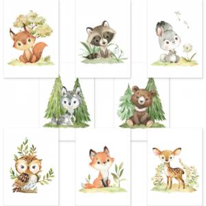 8er Poster-Set Waldtiere Kinderzimmer • Babyzimmer Deko • Reh, Fuchs, Bär etc. mit Flora • OHNE Rahmen • CreativeRobin Bild 6