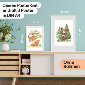 8er Poster-Set Waldtiere Kinderzimmer • Babyzimmer Deko • Reh, Fuchs, Bär etc. mit Flora • OHNE Rahmen • CreativeRobin Bild 8