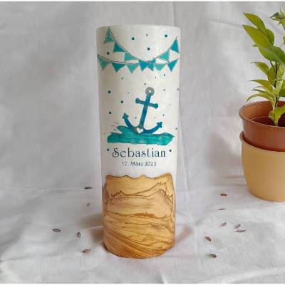 Taufkerze mit Holz Design Anker Meer