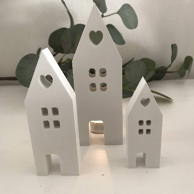 Hübsche Lichthäuschen 3er Set aus Beton, hygge, weiß