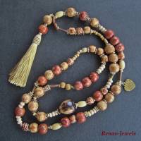 Bettelkette Kette lang beige rotbraun goldfarben mit Quasten Anhänger Holzperlen Afrika Perlenkette Bohokette Holzkette Bild 1