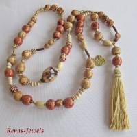 Bettelkette Kette lang beige rotbraun goldfarben mit Quasten Anhänger Holzperlen Afrika Perlenkette Bohokette Holzkette Bild 2