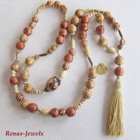 Bettelkette Kette lang beige rotbraun goldfarben mit Quasten Anhänger Holzperlen Afrika Perlenkette Bohokette Holzkette Bild 9