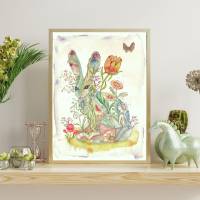 Aquarell handgemalt, Waldtiere Hase mit Blumenmuster Frühling Wanddeko Print Geschenkidee Poster günstig online kaufen Bild 1