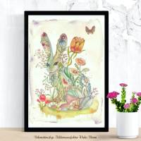 Aquarell handgemalt, Waldtiere Hase mit Blumenmuster Frühling Wanddeko Print Geschenkidee Poster günstig online kaufen Bild 2