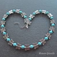 Perlenkette kurz Collier Türkis Perlen synthetisch mit Schmetterling Perlen Kette Statementkette blau silberfarben Bild 2