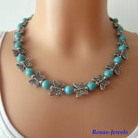 Perlenkette kurz Collier Türkis Perlen synthetisch mit Schmetterling Perlen Kette Statementkette blau silberfarben Bild 4