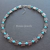 Perlenkette kurz Collier Türkis Perlen synthetisch mit Schmetterling Perlen Kette Statementkette blau silberfarben Bild 5